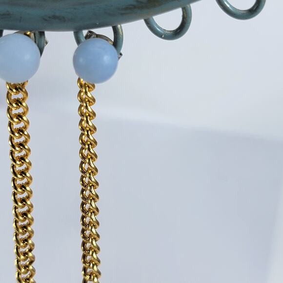 Gold Chain & Pastel Blue Drop Earrings, Modern Design Stylish Statement Earrings - Picture 4 of 10